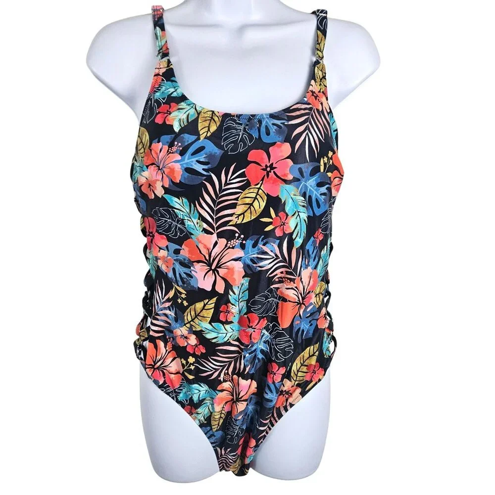 Tempt Me Womens Large Tropical Floral One-Piece Swimsuit Crisscross Sides Beach